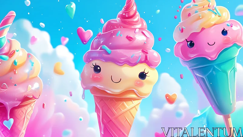 Smiling ice cream characters dance through candy-cloud skies.