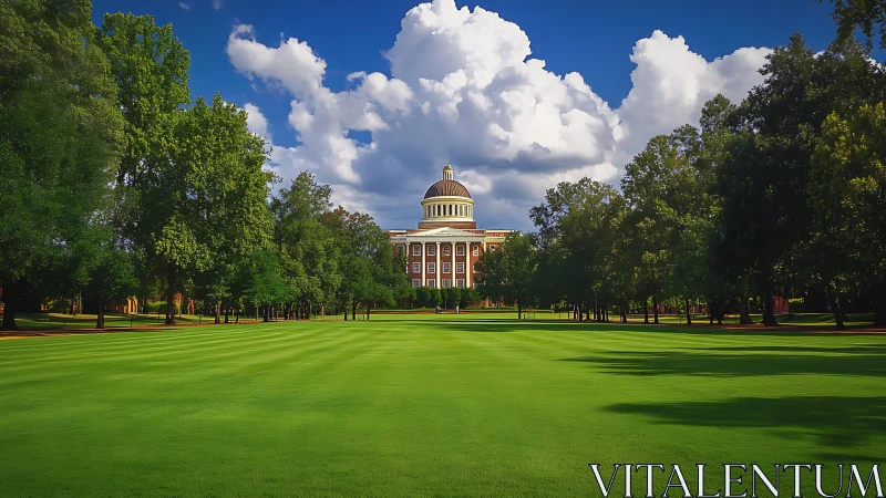 Domed academic building beyond symmetrical green lawn.