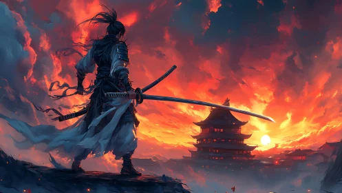 Lone samurai confronts a burning sky above ancient temple.