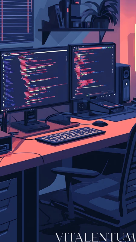 Neon code sanctuary glows around a dual-monitor dev desk.