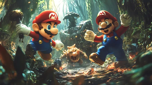 Mario twins dash through lush jungle in cinematic chase.