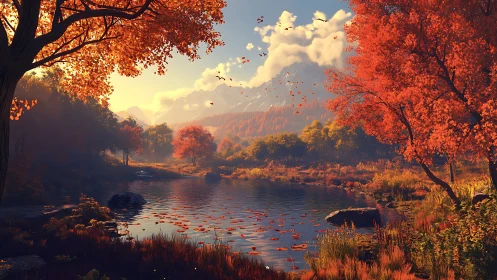 Golden autumn lake beneath distant snow-capped mountains.