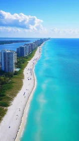 Coastal skyline with turquoise shoreline in aerial perspective.
