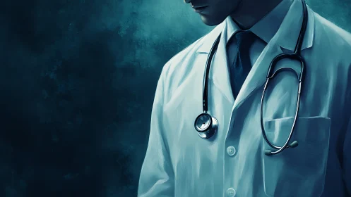 Doctor torso in white coat with stethoscope against teal background
