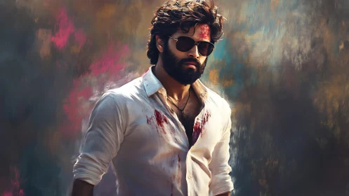 Brooding bearded man in bloodstained white shirt.