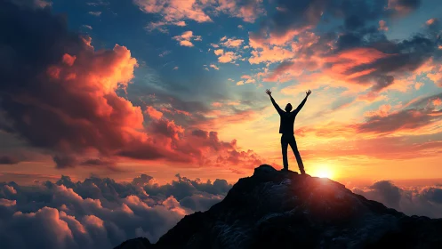 Silhouette stands triumphant on mountain peak at vivid sunset