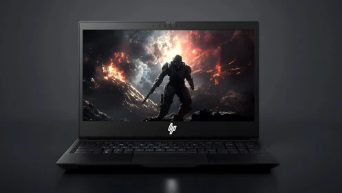 Gaming laptop displays armored soldier amid fiery battlefield