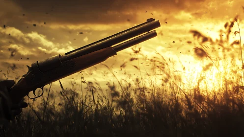 Double‑barrel shotgun silhouette against burning sunset field.