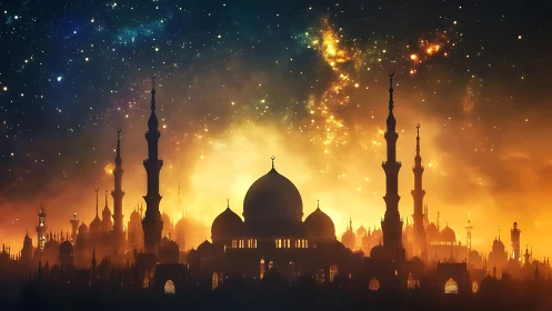 Digital painting of luminous celestial mosque silhouette.