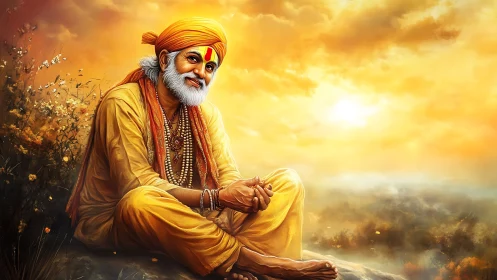 Seated elderly figure in saffron garments under warm sky.