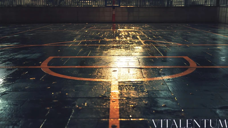 Wet outdoor basketball court under artificial night lighting.