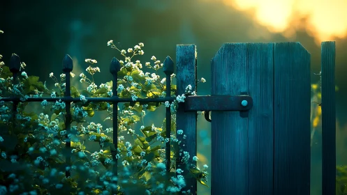 Garden gate stands in dreamy teal light at soft sunrise