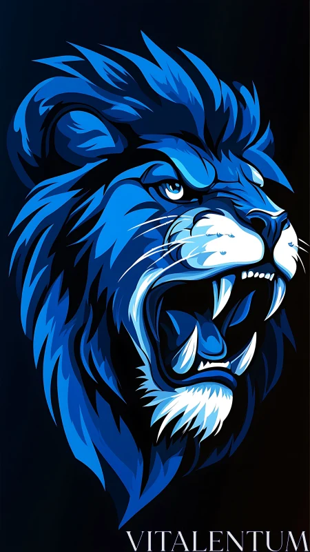 Blue lion head roars with stylized angular fur shapes