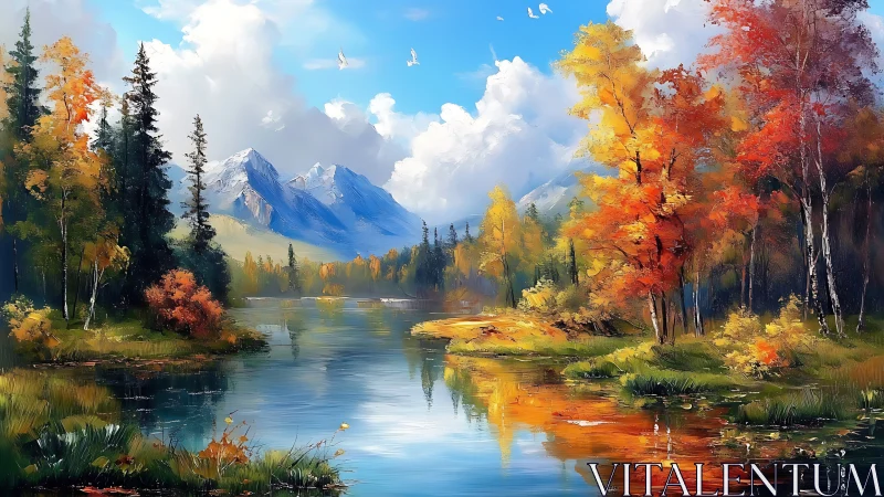 Autumnal alpine lake with saturated chromatic reflections.