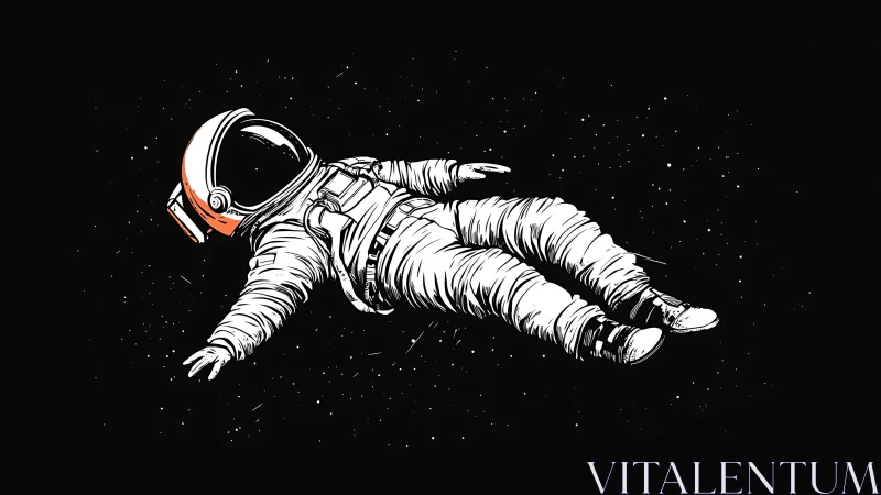 Monochrome line-art astronaut drifting in deep space field.