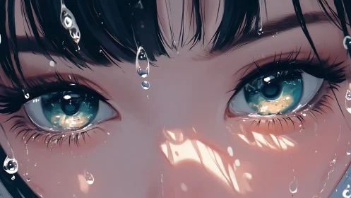 Glistening teal eyes shining through soft summer rain.