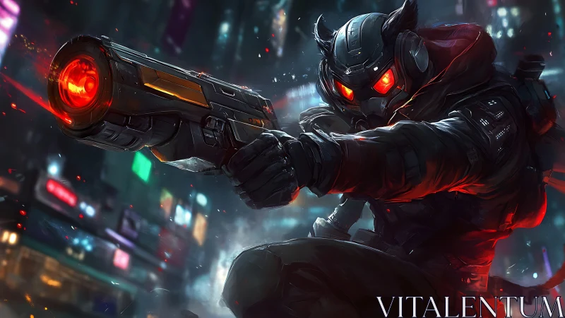 Cybernetic gunfighter with glowing visor in neon crossfire.