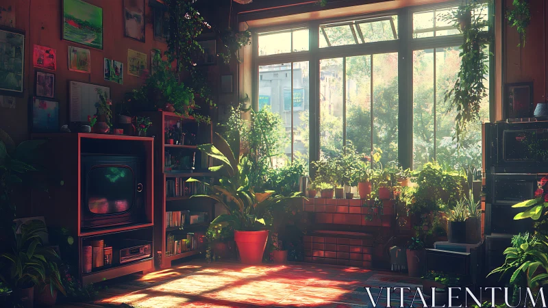 Sunlit urban conservatory with retro television nook interior.