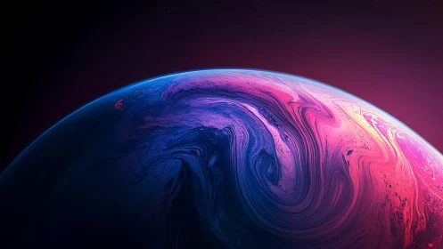 Planetary horizon with swirling iridescent fluid dynamics in neon hues