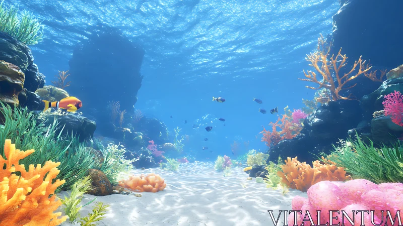 Sunlit coral canyon with colorful tropical reef fish panorama.