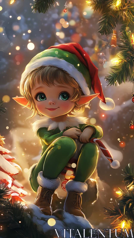 Cute Christmas elf sits among glowing festive pine branches