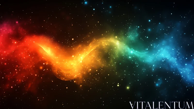 Chromatic nebula ribbon across star-dense cosmic field.