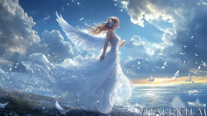 Aerodynamic seraphic figure in luminous coastal atmosphere.