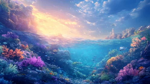 Sunlit coral reef paradise with colorful fish and clear water.
