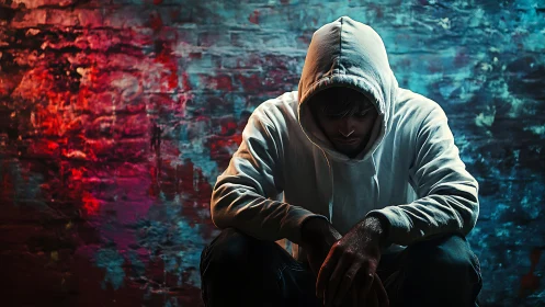 Hooded young man sits in moody neon-lit urban alleyway