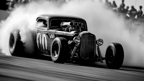 Black and white hot rod drag car burning rubber on track.