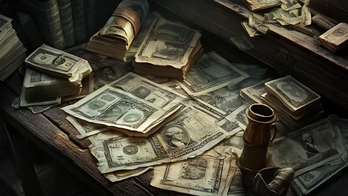 Vintage banknotes scattered across a well worn wooden desk.