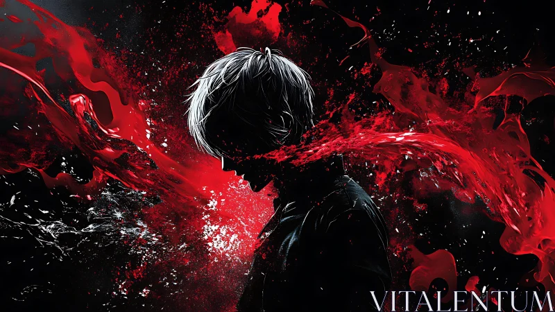 Silhouetted figure stands in profile amid red liquid arcs