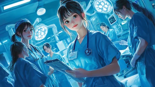 Midnight ward heroes in glow-blue anime operating theater.
