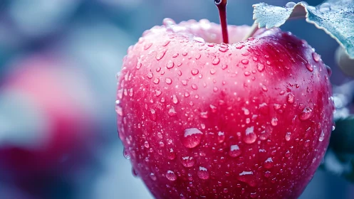 Macro apple study with dewdrops in shallow focus composition.