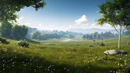 Sunlit meadow valley rendered with high-detail atmospheric depth
