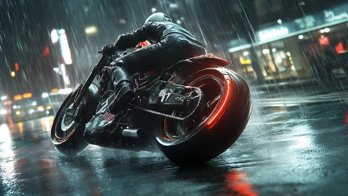 Motorcyclist carving neon-soaked corner on wet city street.