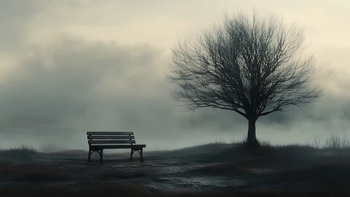 Empty bench stands beside leafless tree in dense fog