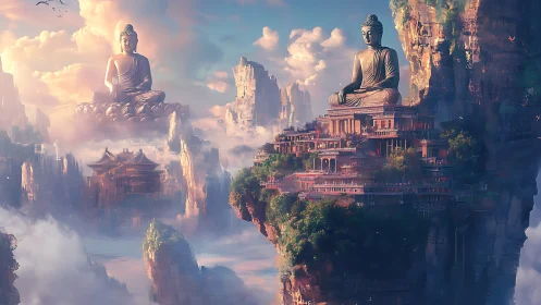 Buddha statues overlooking floating mountain temples in clouds.
