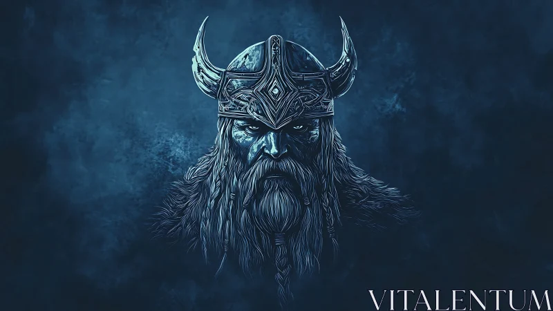Storm-lit viking warrior portrait in moody blue shadows.