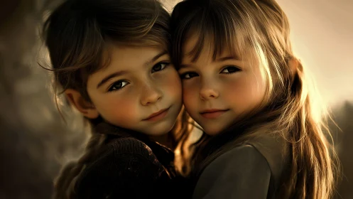 Two Children Bathed Golden Afternoon Light