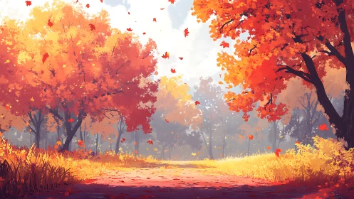 Digital autumn woodland scene depicts trees with orange foliage
