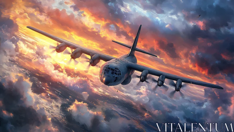 Military transport aircraft over dramatic sunset clouds.
