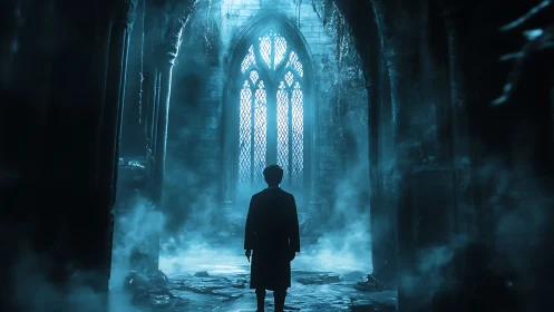 Solitary figure in misted gothic corridor, blue backlight.