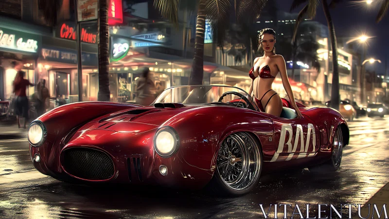 Highly polished red roadster with pinup driver in neon nightscape