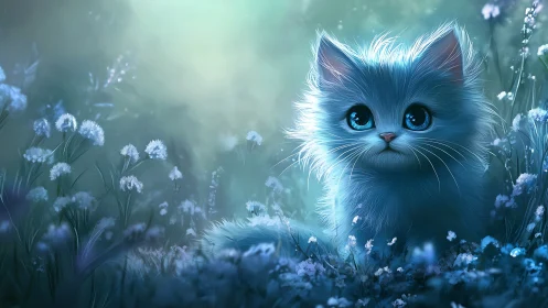Luminous White Kitten in Dreamlike Floral Field.