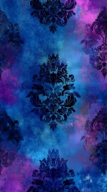 Baroque damask silhouettes overlay a saturated nebula ground