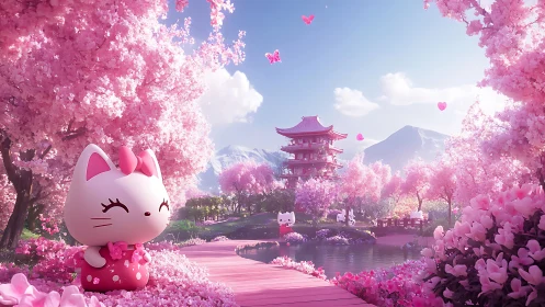 Cartoon cat figure stands in pink cherry blossom garden