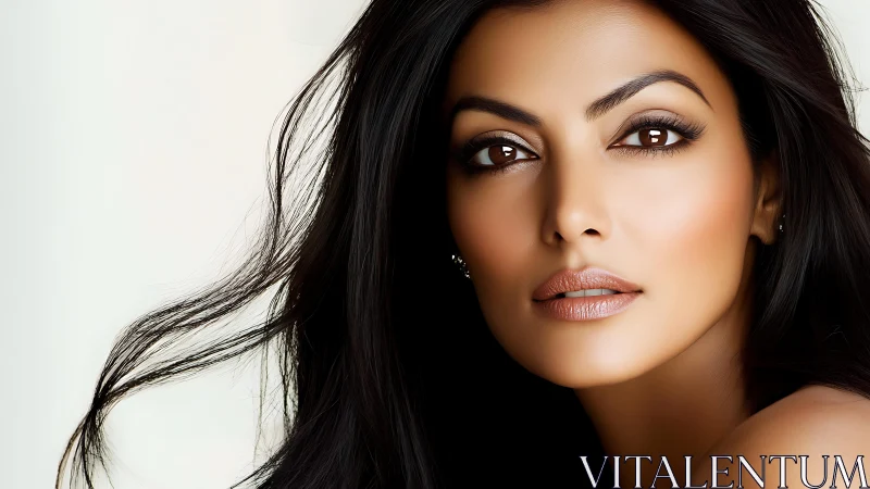 Close-up of woman with long dark hair and neutral makeup.