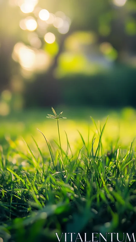 Sunlit sprout rising through dreamy morning meadow hush.