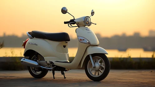 Cream city scooter at riverside in warm sunset glow.